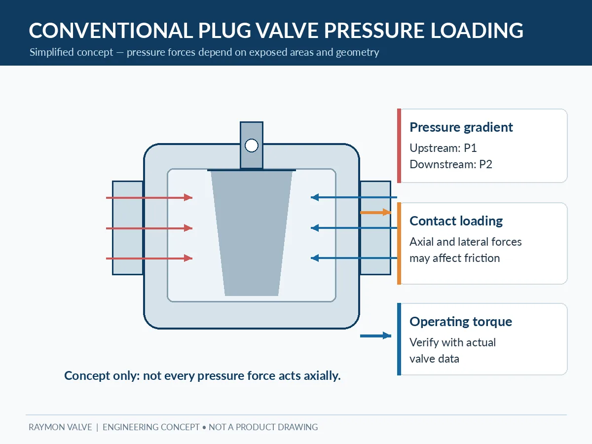 Conceptual pressure distribution and plug-contact loading in a conventional tapered lubricated plug valve Conceptual pressure distribution and plug-contact loading in a conventional tapered lubricated plug valve.