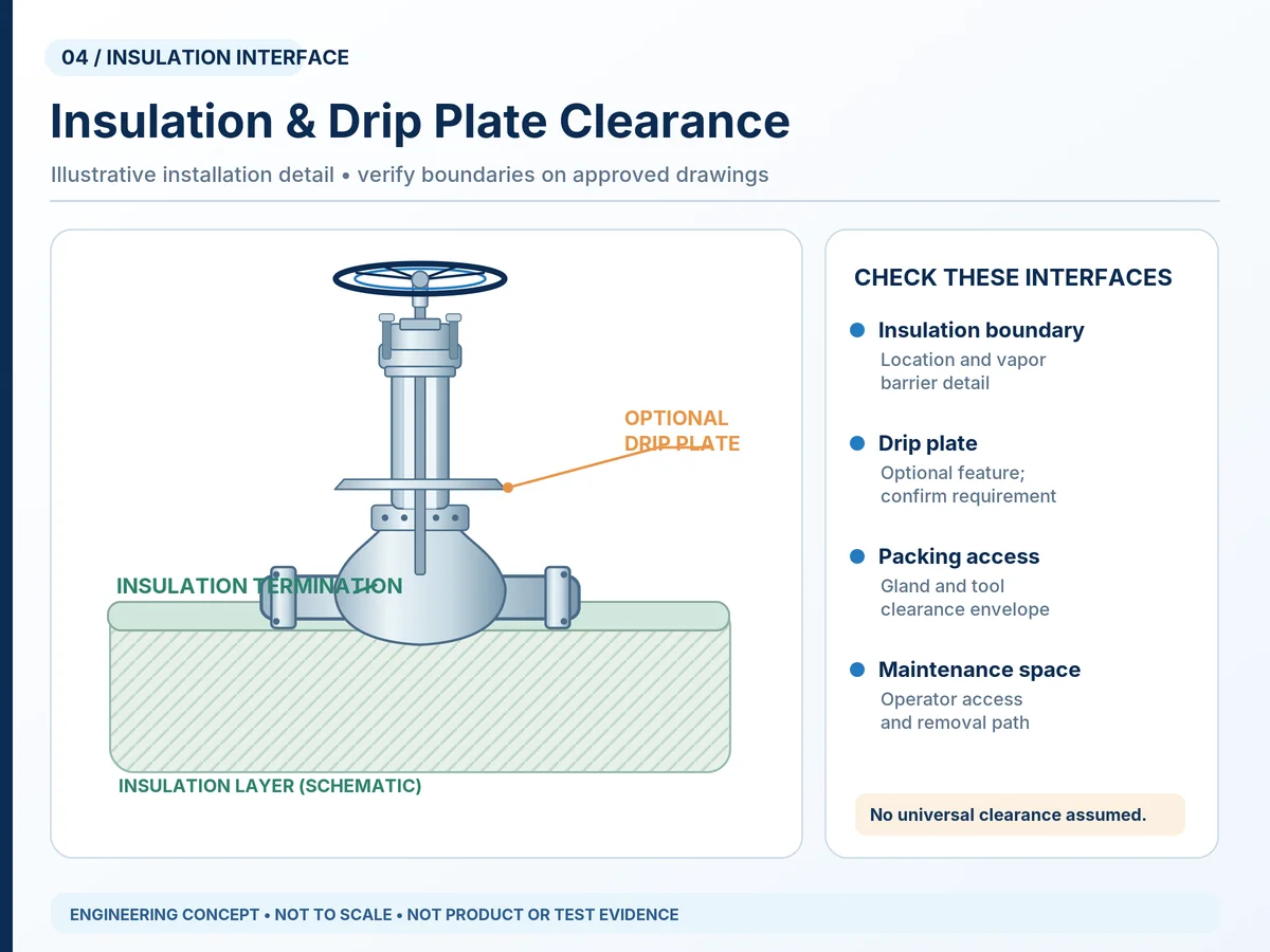 Cryogenic valve insulation termination and optional drip plate concept with packing access and maintenance interface.