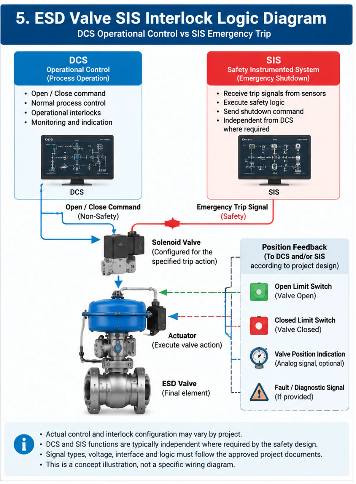 ESD valve SIS interlock logic diagram showing DCS operational commands, SIS emergency trip and project-defined position feedback