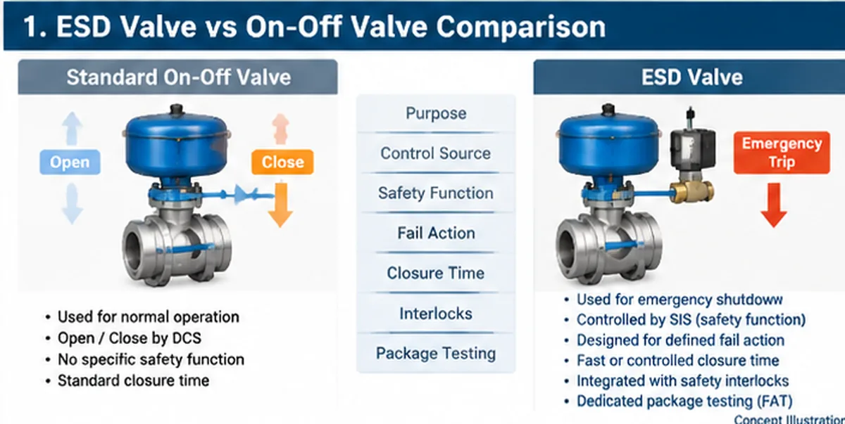ESD valve and standard on-off valve functional comparison diagram