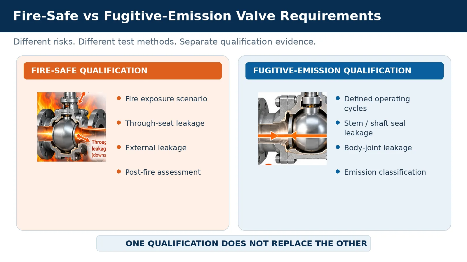 Engineering comparison of fire-safe and fugitive-emission valve qualification and leakage risks Engineering comparison of fire-safe and fugitive-emission valve qualification and leakage risks