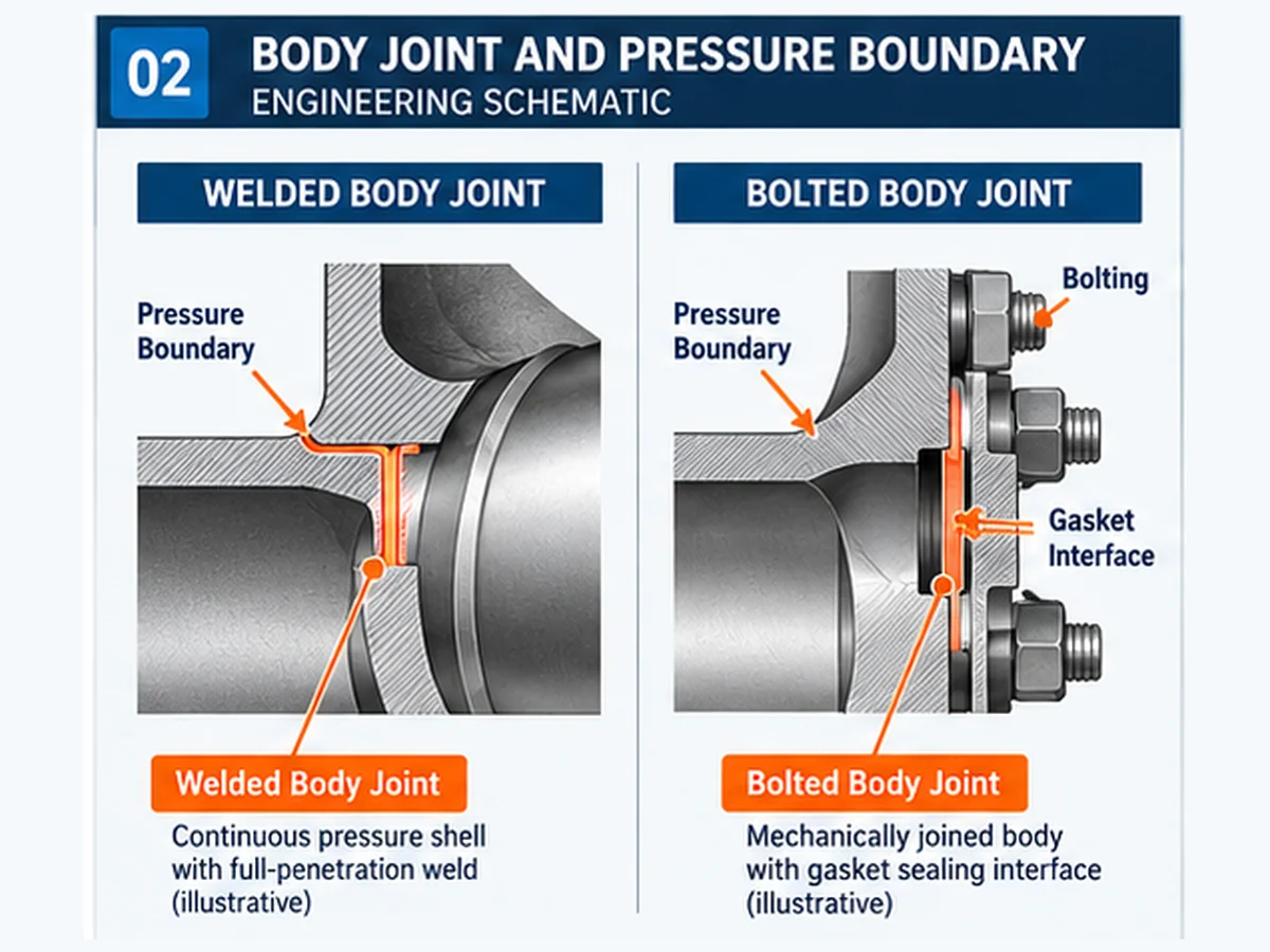 Schematic comparison of welded and bolted ball valve pressure-boundary joints