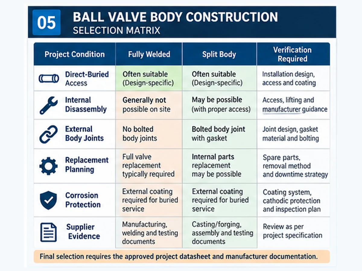 Ball valve body construction selection matrix for installation and maintenance