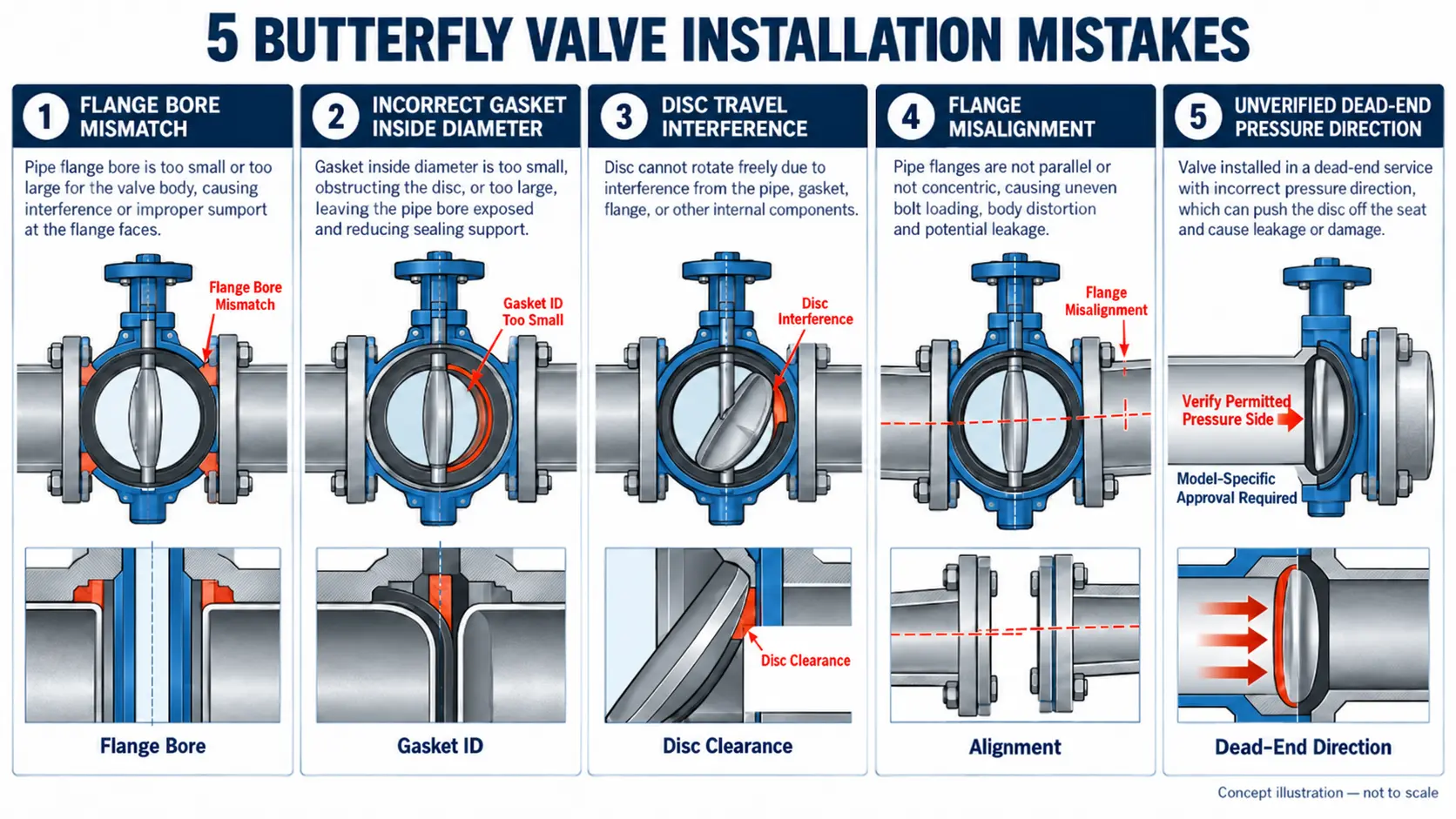 Five butterfly valve installation mistakes involving flange bore, gasket ID, disc clearance, flange alignment and dead-end pressure direction.