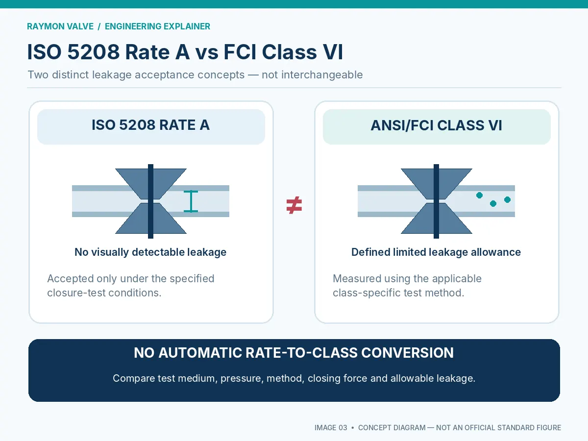 Diagram explaining why ISO 5208 Rate A and ANSI/FCI Class VI are not directly interchangeable.