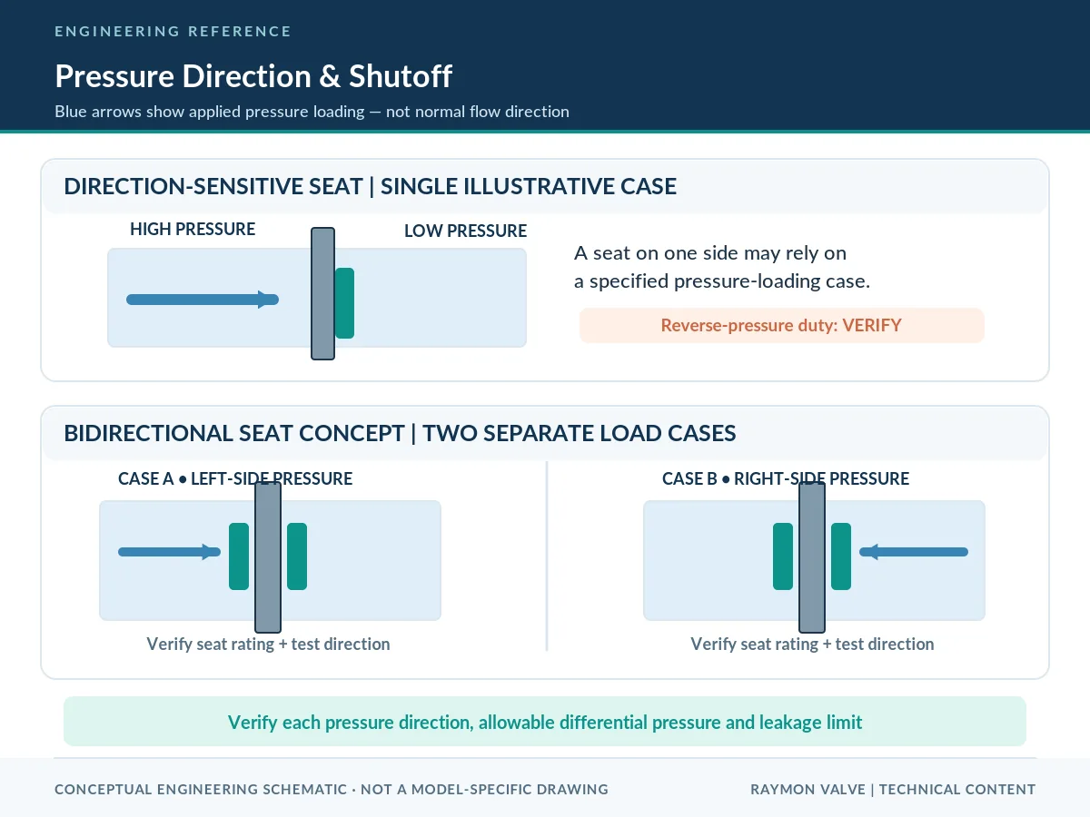 Knife gate shutoff: pressure direction and reverse pressure Conceptual diagram of direction-sensitive and bidirectional knife gate valve sealing with opposing differential-pressure directions.