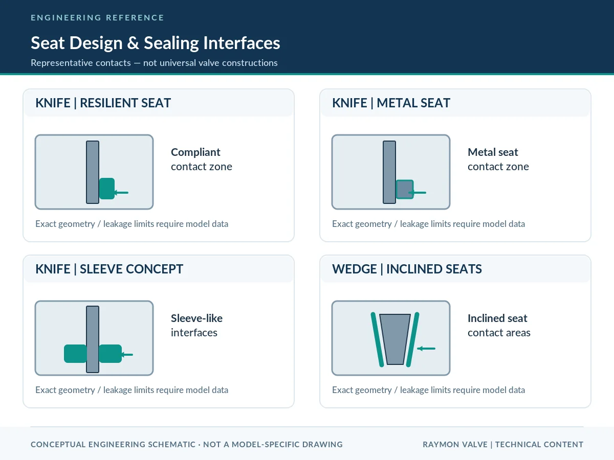 Knife and wedge gate seat-contact concepts Four-panel schematic comparing resilient, metal and sleeve-type knife gate seats with wedge gate inclined seating surfaces.