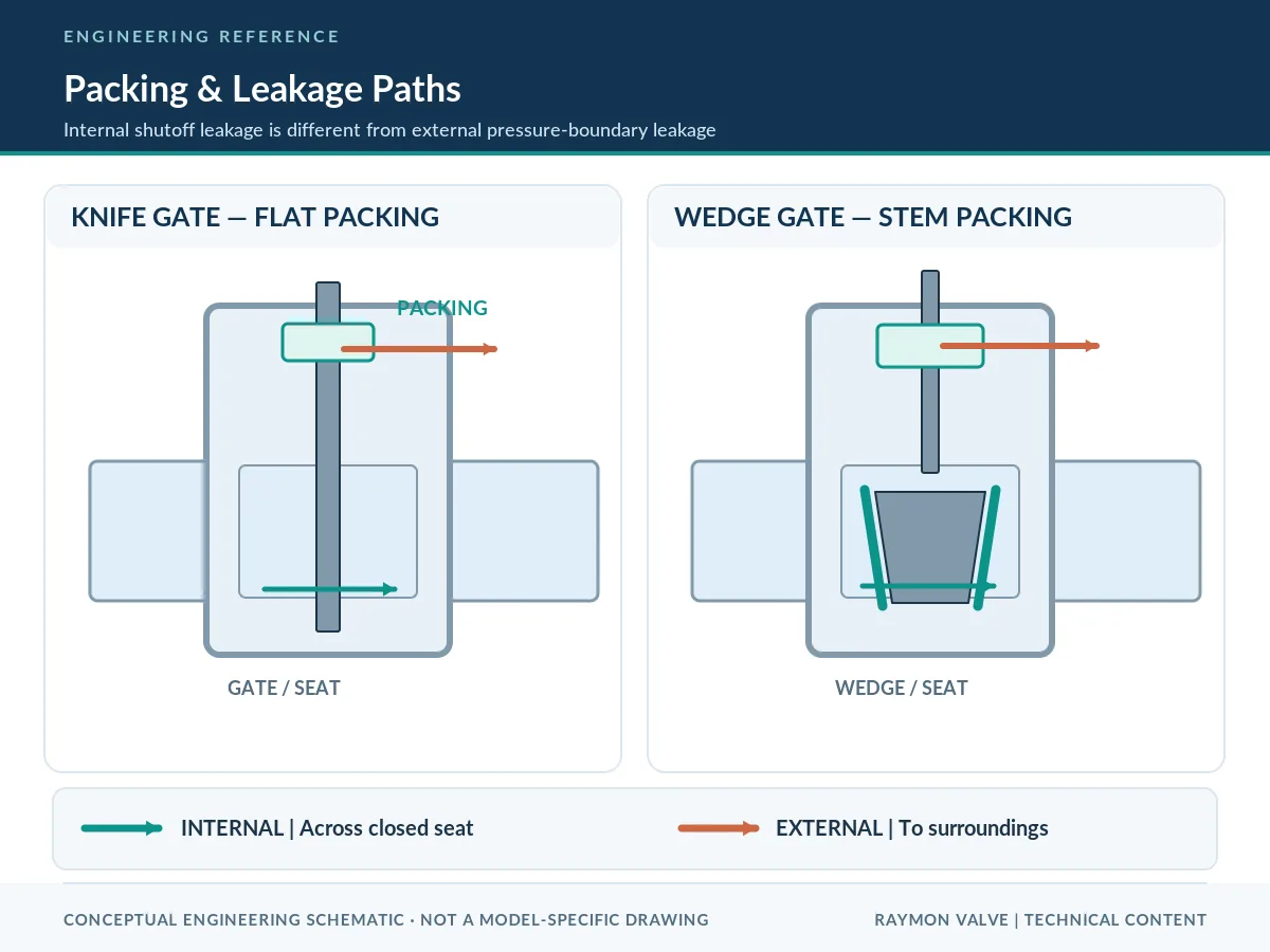 Internal seat and external packing leakage pathways Schematic distinguishing internal seat leakage and external packing leakage paths in knife and wedge gate valves.