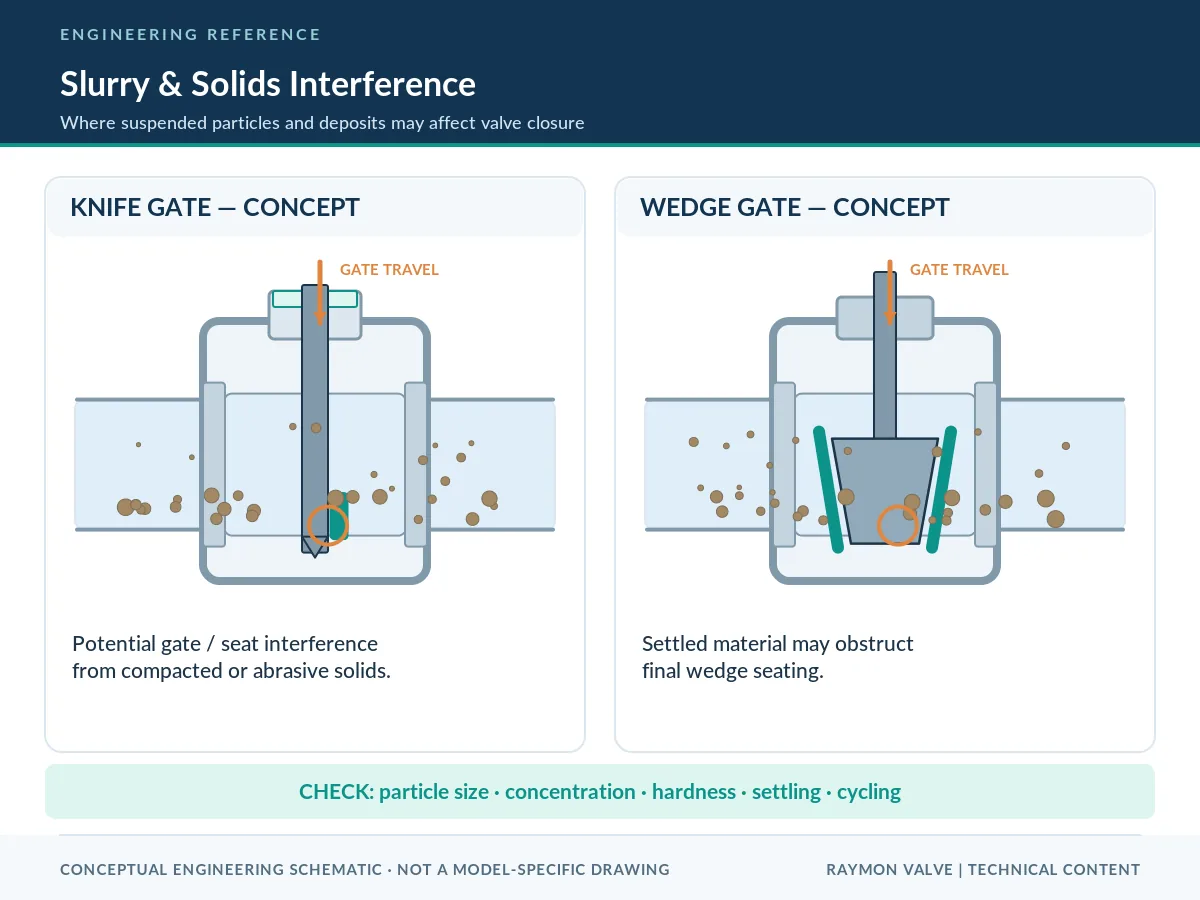 Solids interference during knife and wedge gate closure Conceptual diagram of slurry particles, solids accumulation and potential closing interference in knife and wedge gate valves.