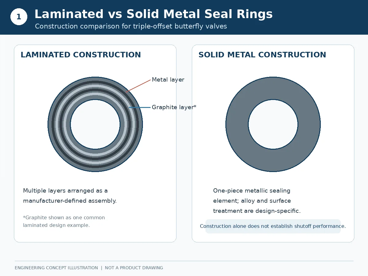 Laminated vs solid metal seal ring construction Laminated metal and solid metal seal ring construction comparison for triple-offset butterfly valves