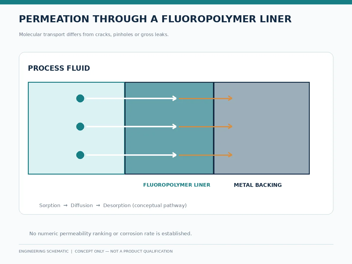 Permeation mechanism in lined valves Schematic of molecular permeation through fluoropolymer valve lining toward metal support