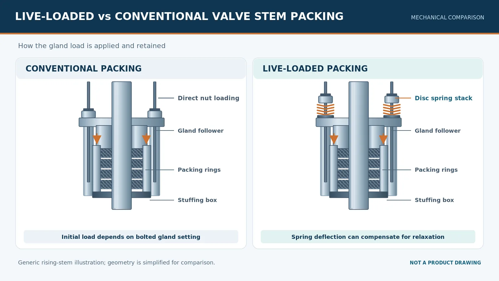 Cross-sectional comparison of conventional valve stem packing and live-loaded packing with Belleville springs.