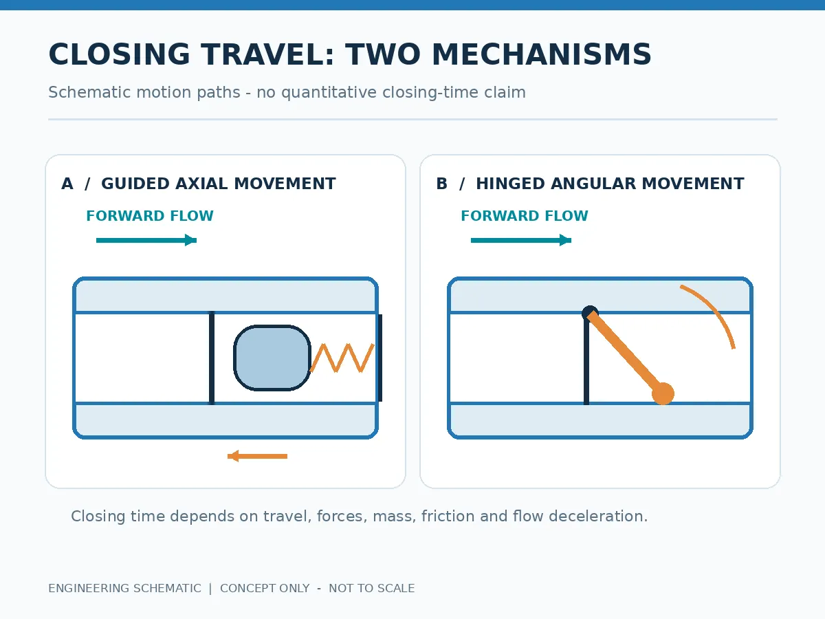 Schematic comparing short guided axial check valve disc travel with hinged swing check valve disc movement. Schematic comparing short guided axial check valve disc travel with hinged swing check valve disc movement.