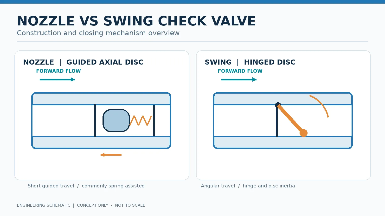 Side-by-side engineering schematic of guided axial nozzle and hinged swing check valve constructions. Side-by-side engineering schematic of guided axial nozzle and hinged swing check valve constructions.