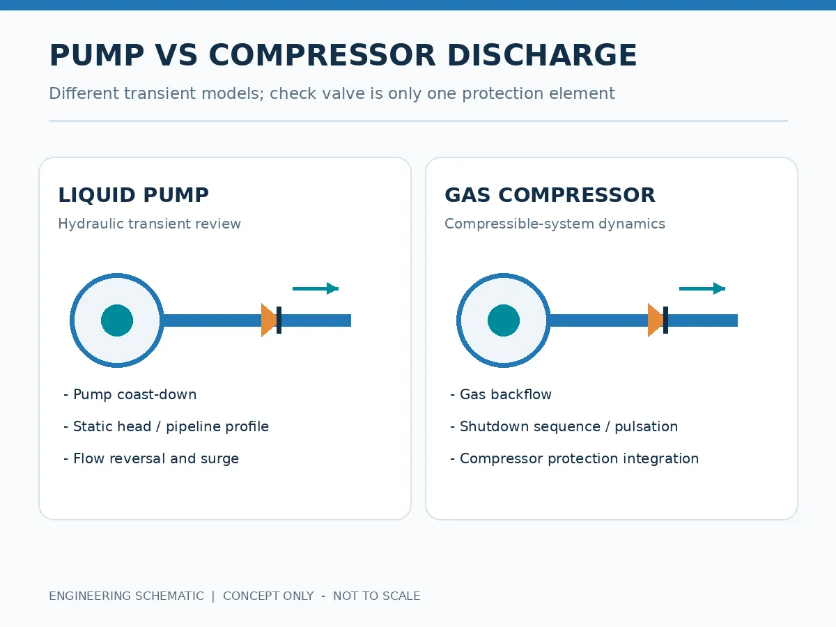 Comparison of liquid pump discharge and gas compressor discharge check valve application conditions. Comparison of liquid pump discharge and gas compressor discharge check valve application conditions.