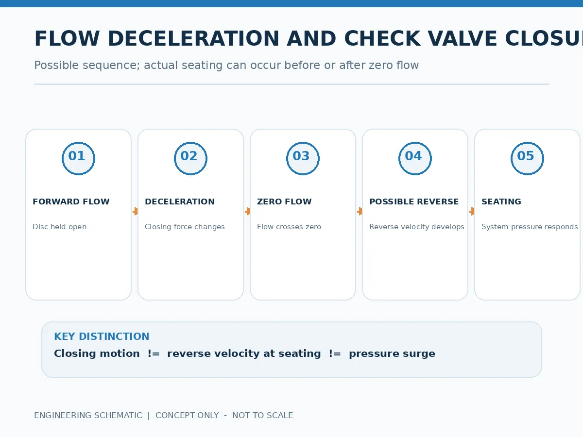 Conceptual flow deceleration and possible reverse-flow sequence before check valve seating. Conceptual flow deceleration and possible reverse-flow sequence before check valve seating.