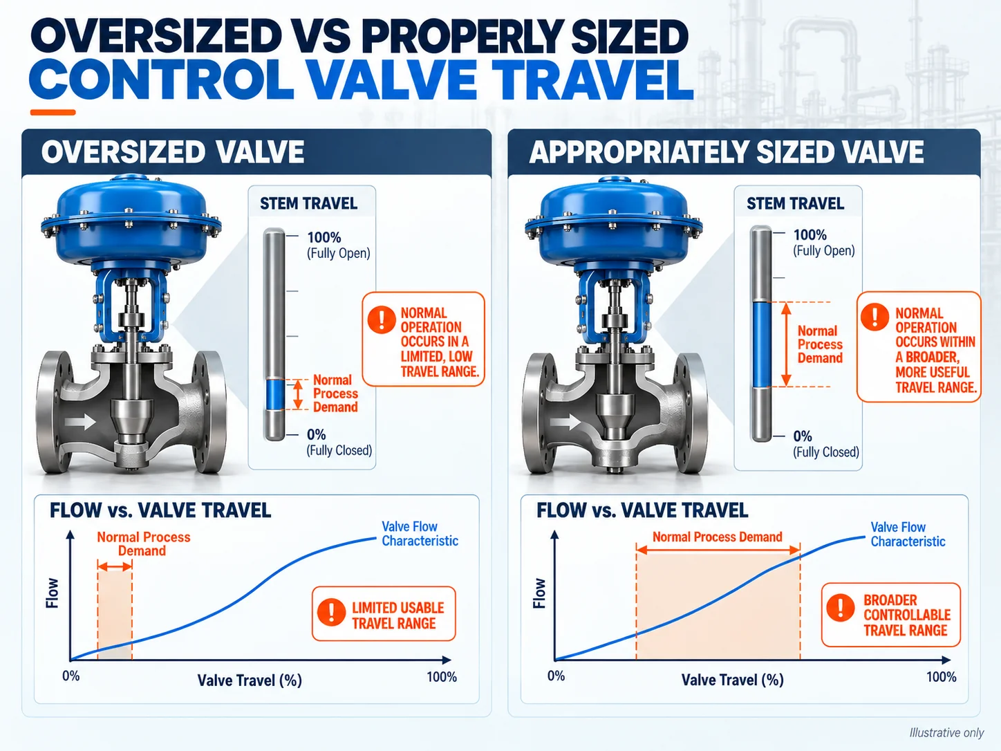Conceptual comparison of low valve travel in an oversized control valve and broader usable travel in a better matched valve