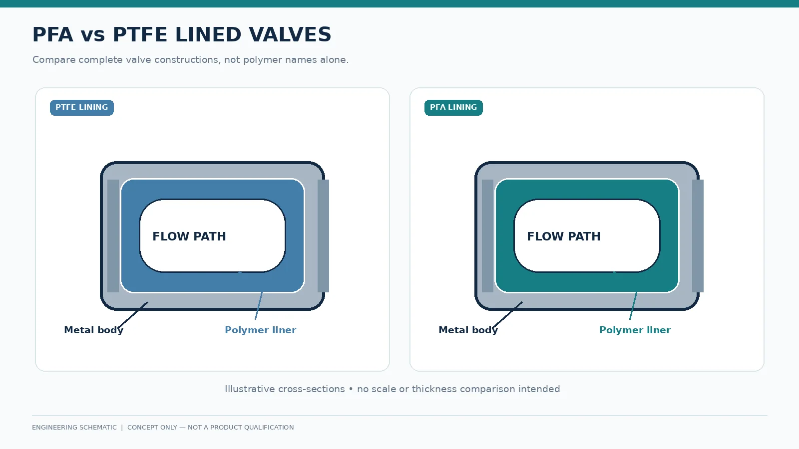 PFA and PTFE lined valve construction comparison Conceptual comparison of PFA and PTFE lined valve constructions showing metal bodies polymer linings and flow passages