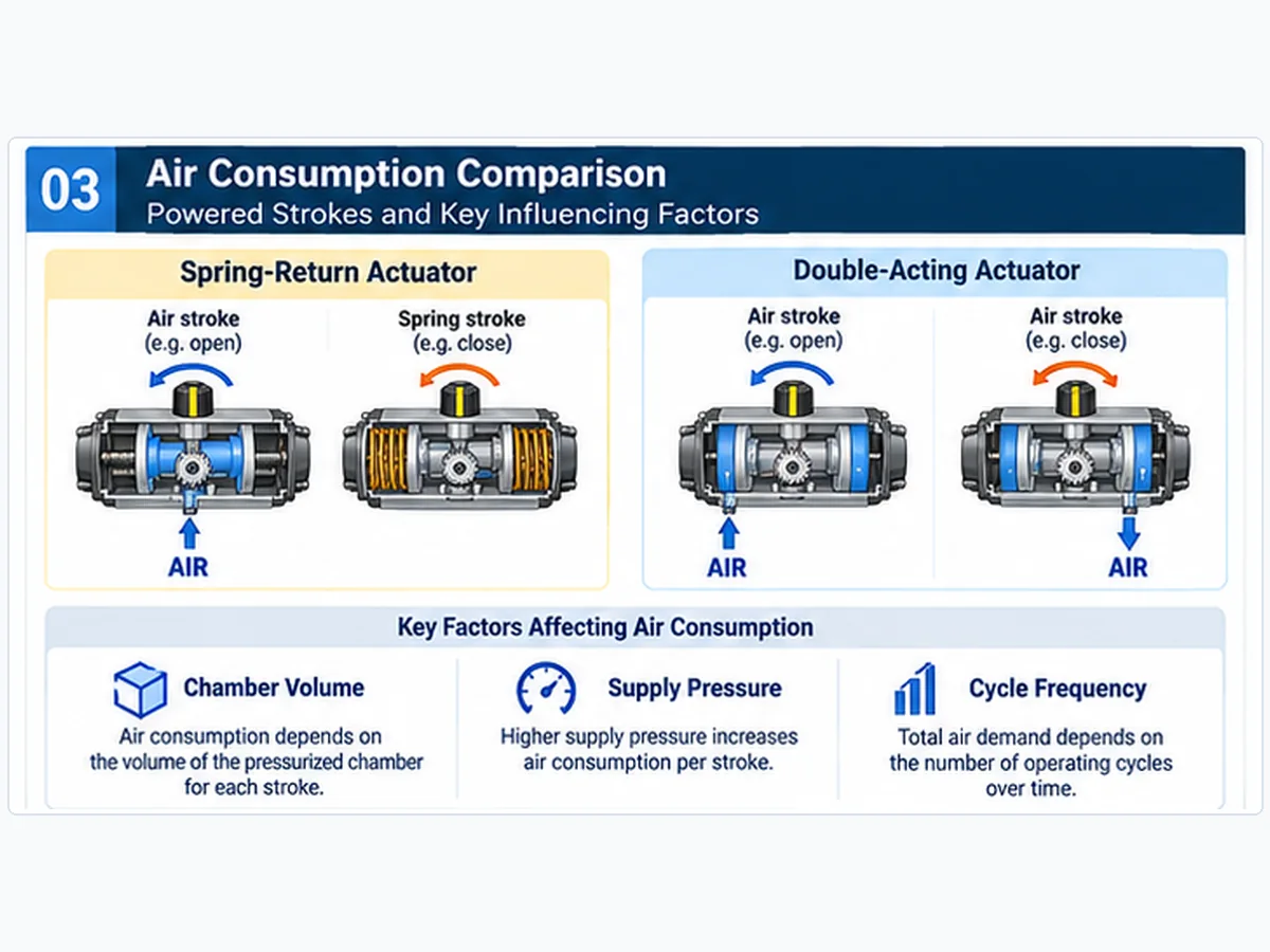 Pneumatic actuator compressed-air demand comparison by stroke, chamber volume, pressure and cycle frequency