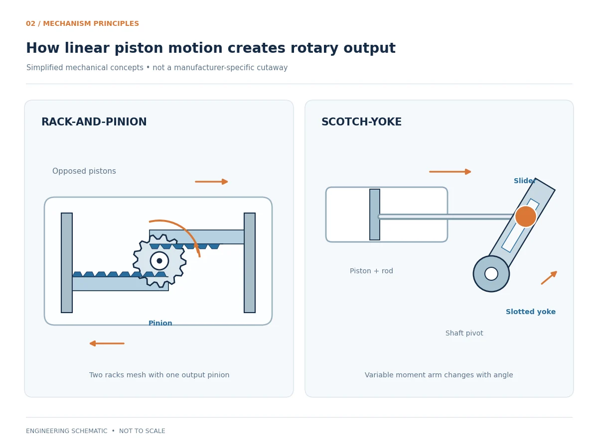Rack-and-Pinion and Scotch-Yoke Motion-Conversion Schematic Engineering schematic of rack-and-pinion gear engagement and scotch-yoke motion conversion.