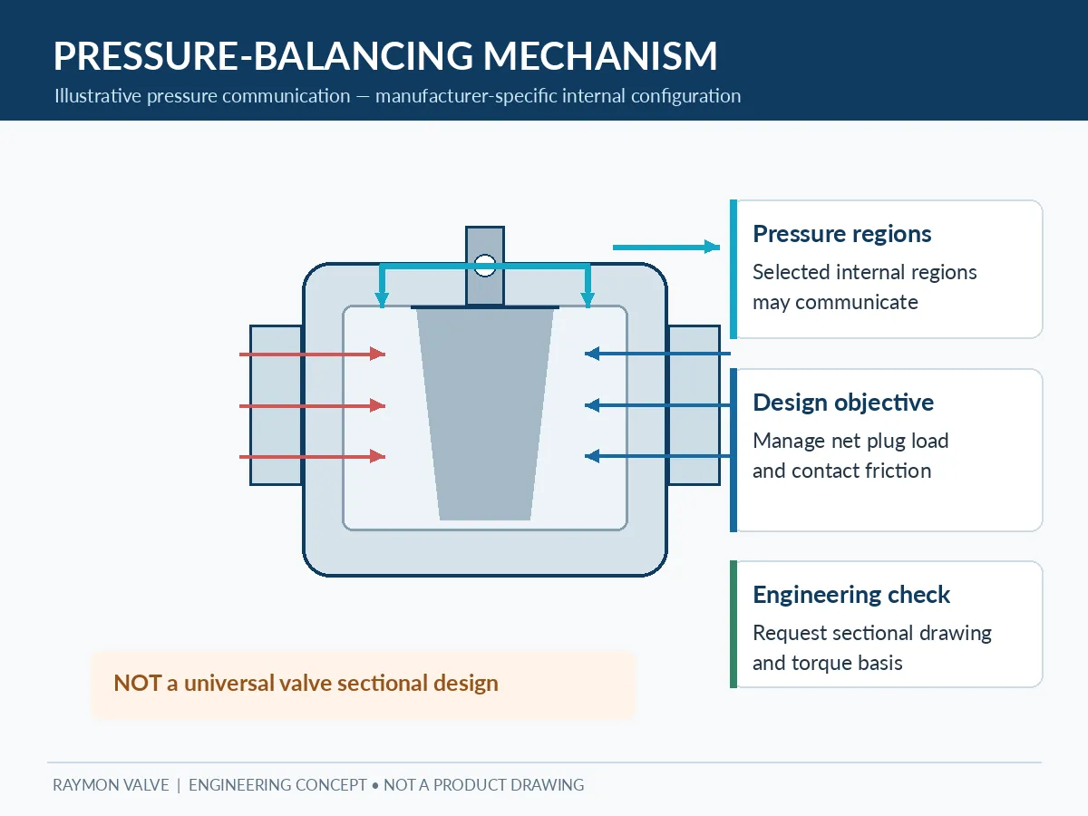 Schematic pressure-balancing passage and regions affecting plug loading Schematic pressure-balancing passage and regions affecting plug loading.