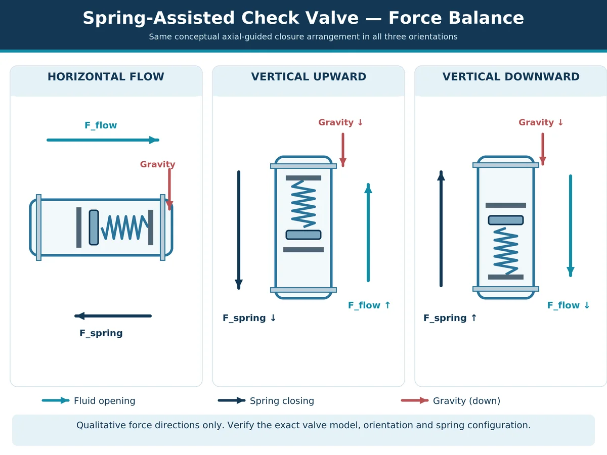 Spring-loaded axial check valve force-balance diagram showing fluid opening force, spring closing force and gravity in horizontal, vertical upward and vertical downward flow.