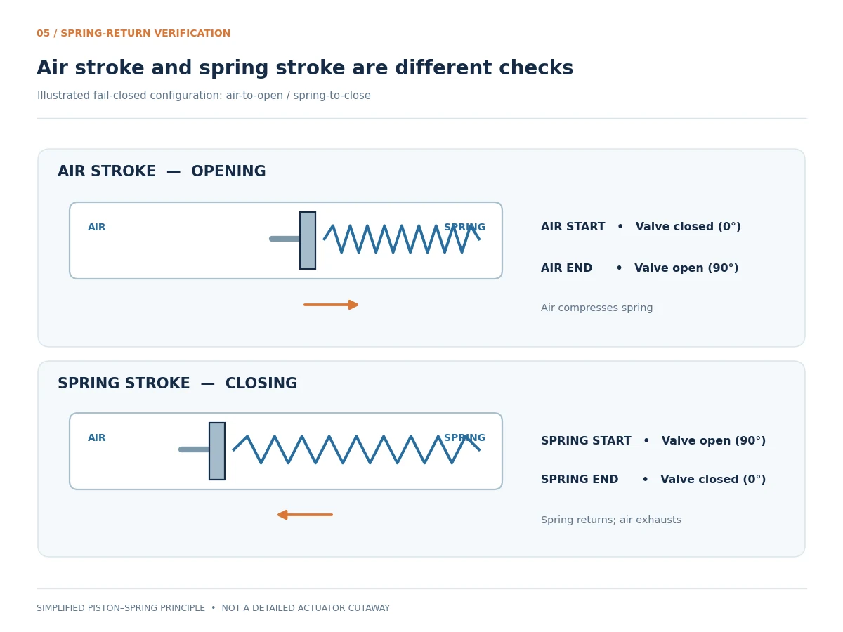 Spring-Return Air Stroke and Spring Stroke Verification Spring-return pneumatic actuator diagram for an air-to-open, spring-to-close example.