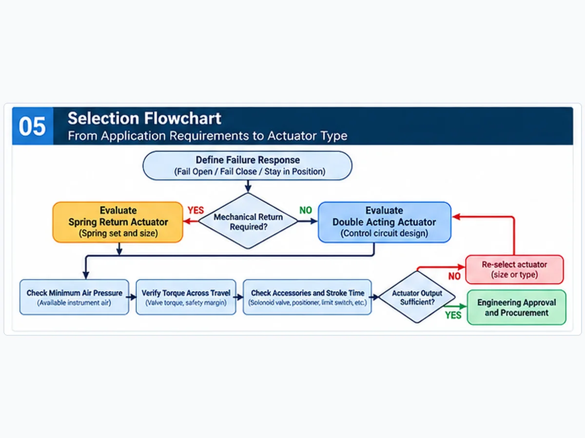 Selection flowchart comparing spring-return and double-acting pneumatic actuator requirements