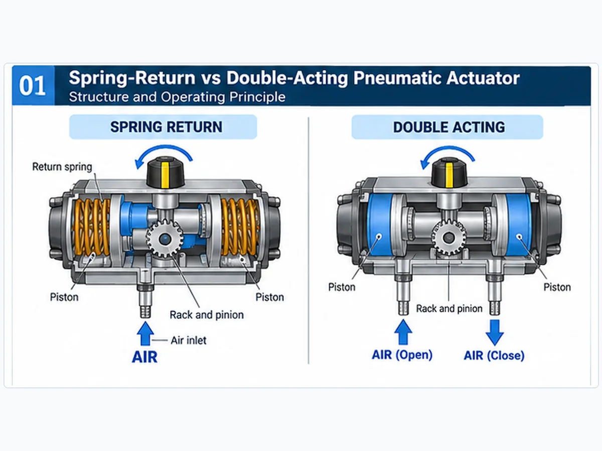Engineering comparison of spring-return and double-acting pneumatic actuator operating principles
