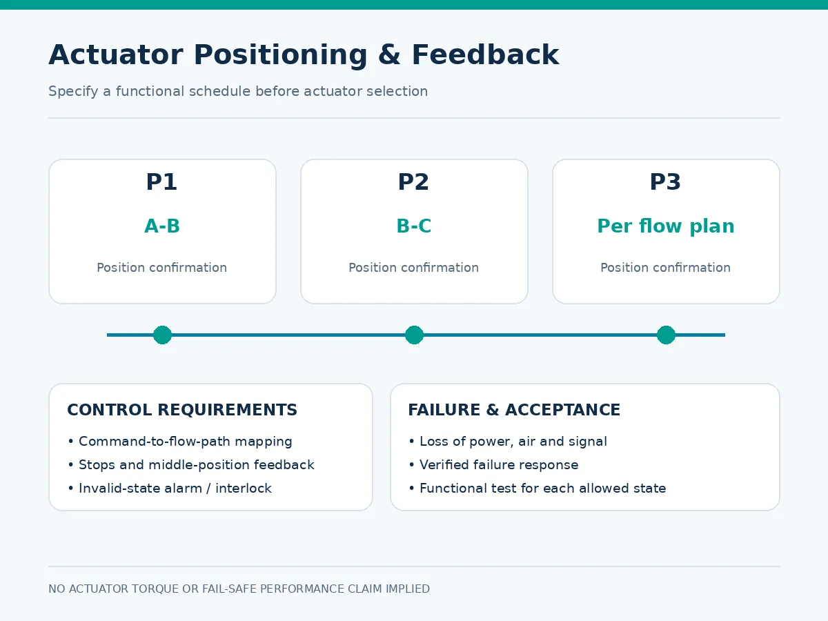 Three-way ball valve actuator positions and control feedback diagram Three-way ball valve actuator positions and control feedback diagram