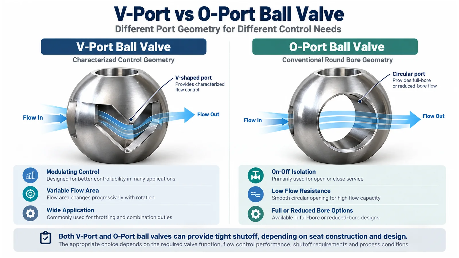 V-Port versus O-Port ball valve — conceptual port comparison Engineering concept illustration comparing V-Port characterized opening and O-Port circular bore ball valve geometries.