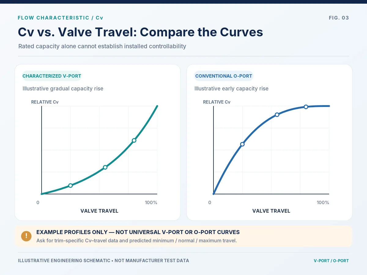 Cv versus travel — illustrative V-Port and O-Port characteristics Illustrative Cv versus valve travel curves for characterized V-Port and conventional O-Port designs.