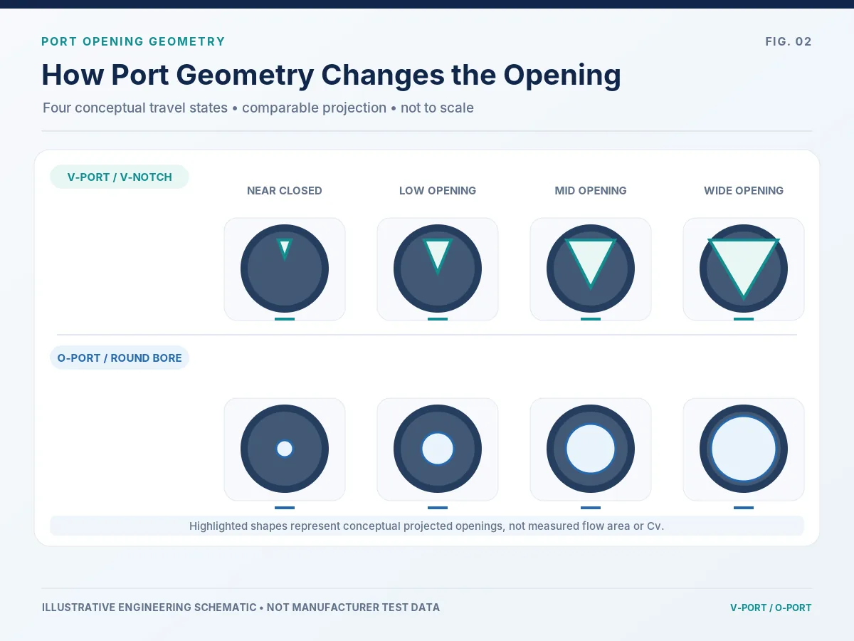 V-Port and O-Port — projected opening geometry schematic Conceptual projected flow openings for V-Port and O-Port ball valves at progressively increasing positions.