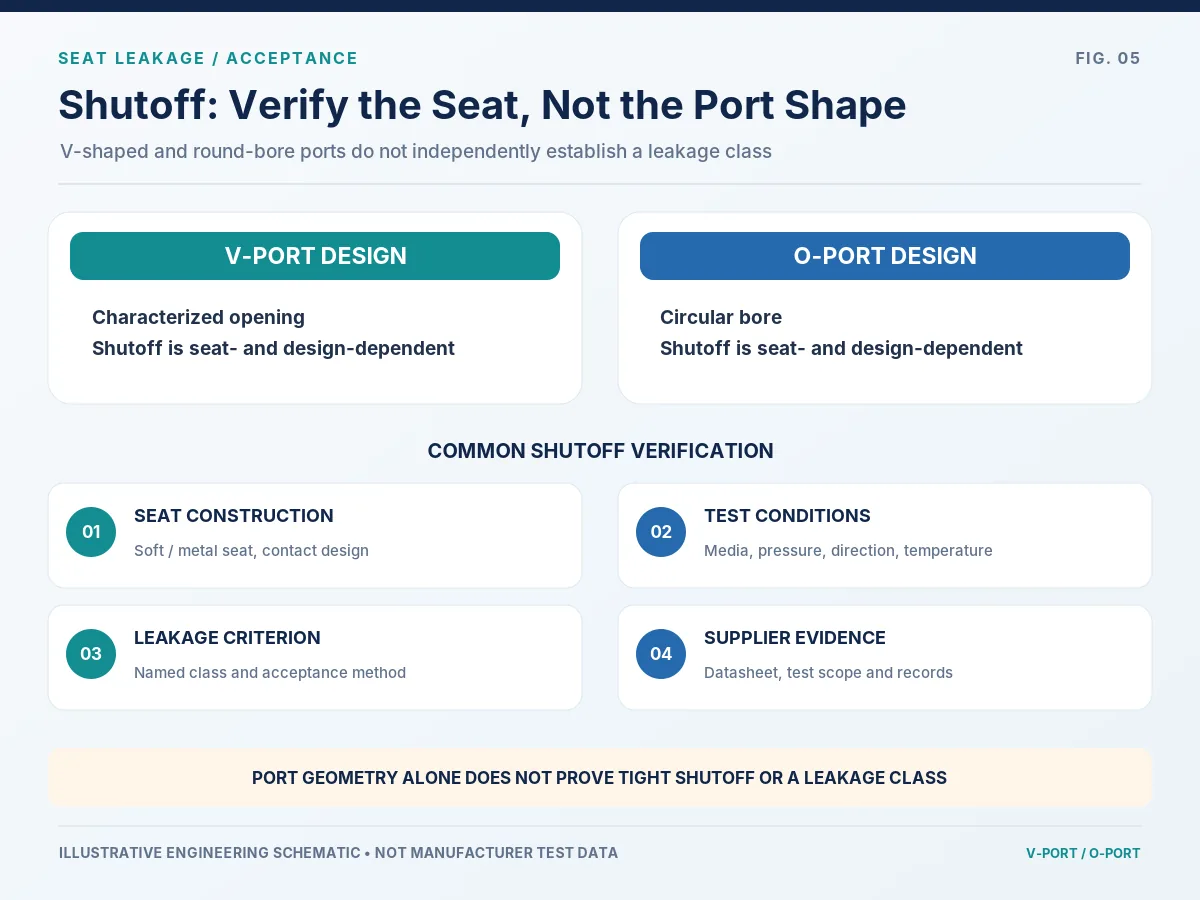 Shutoff and seat leakage — evidence verification checklist Comparison matrix of seat design, leakage acceptance criteria, test conditions and supplier evidence for V-Port and O-Port valves.