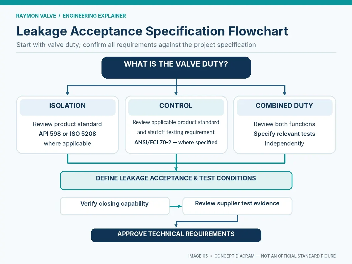 Flowchart for specifying isolation and control valve leakage acceptance requirements in an RFQ.