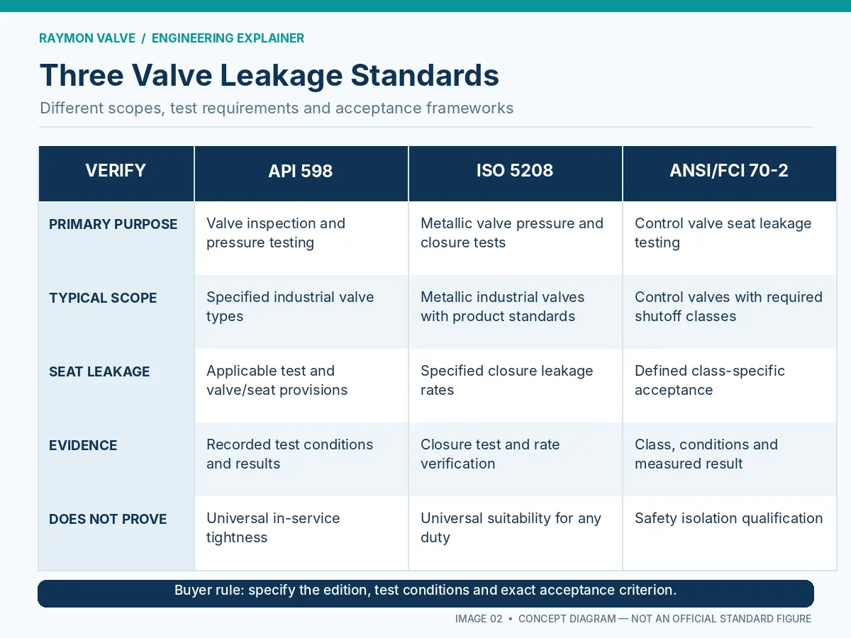 Comparison matrix showing the scope and testing purpose of API 598, ISO 5208 and ANSI/FCI 70-2.