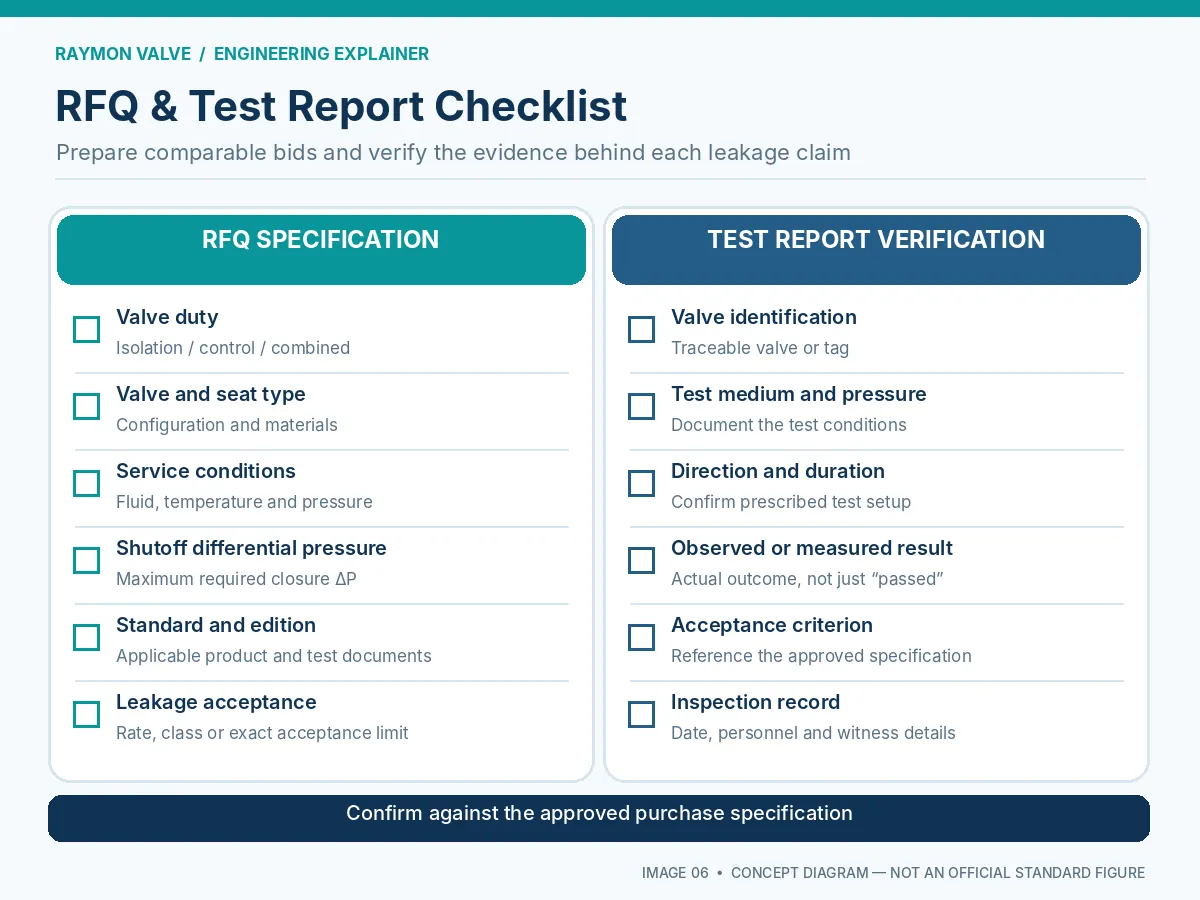 RFQ and inspection checklist covering valve leakage acceptance requirements and supplier verification records.