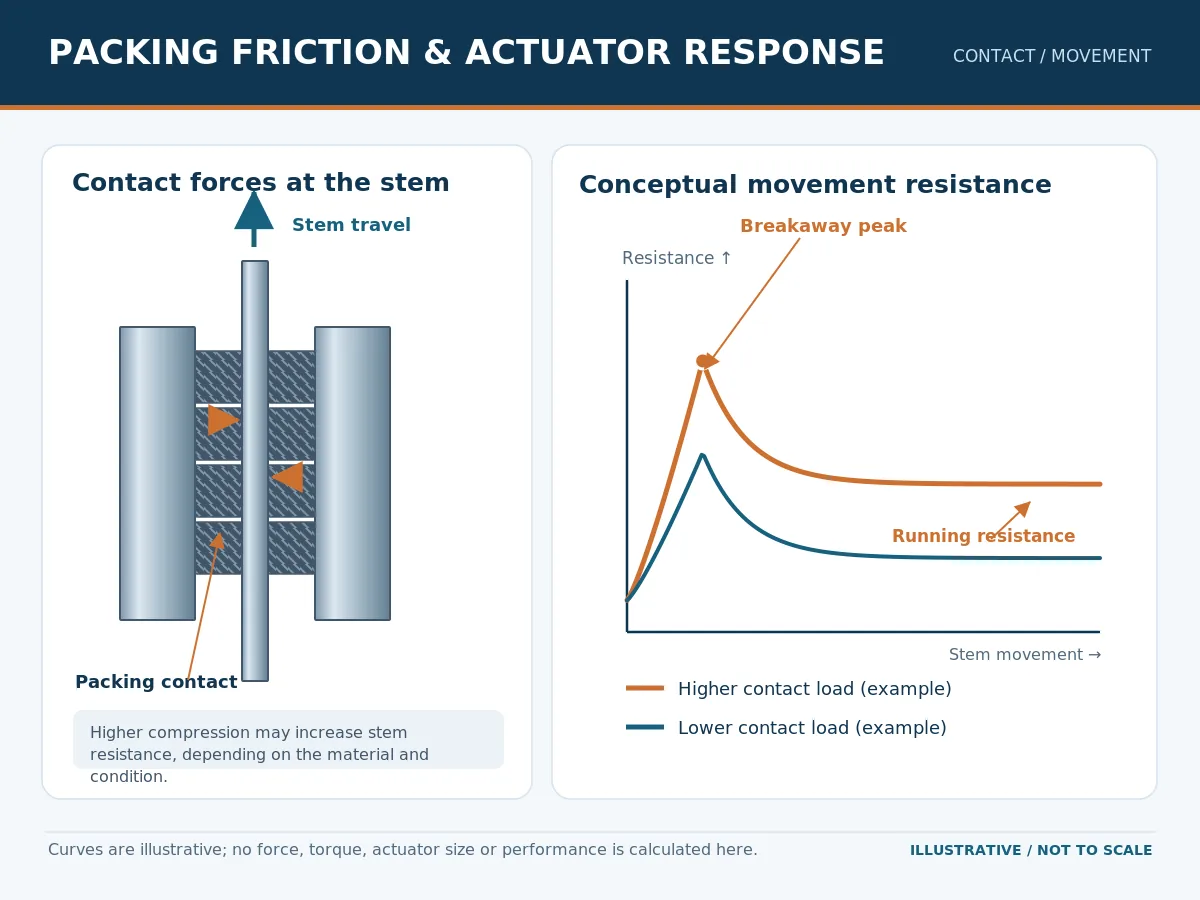 Engineering diagram showing packing contact forces, breakaway resistance and valve actuator movement.