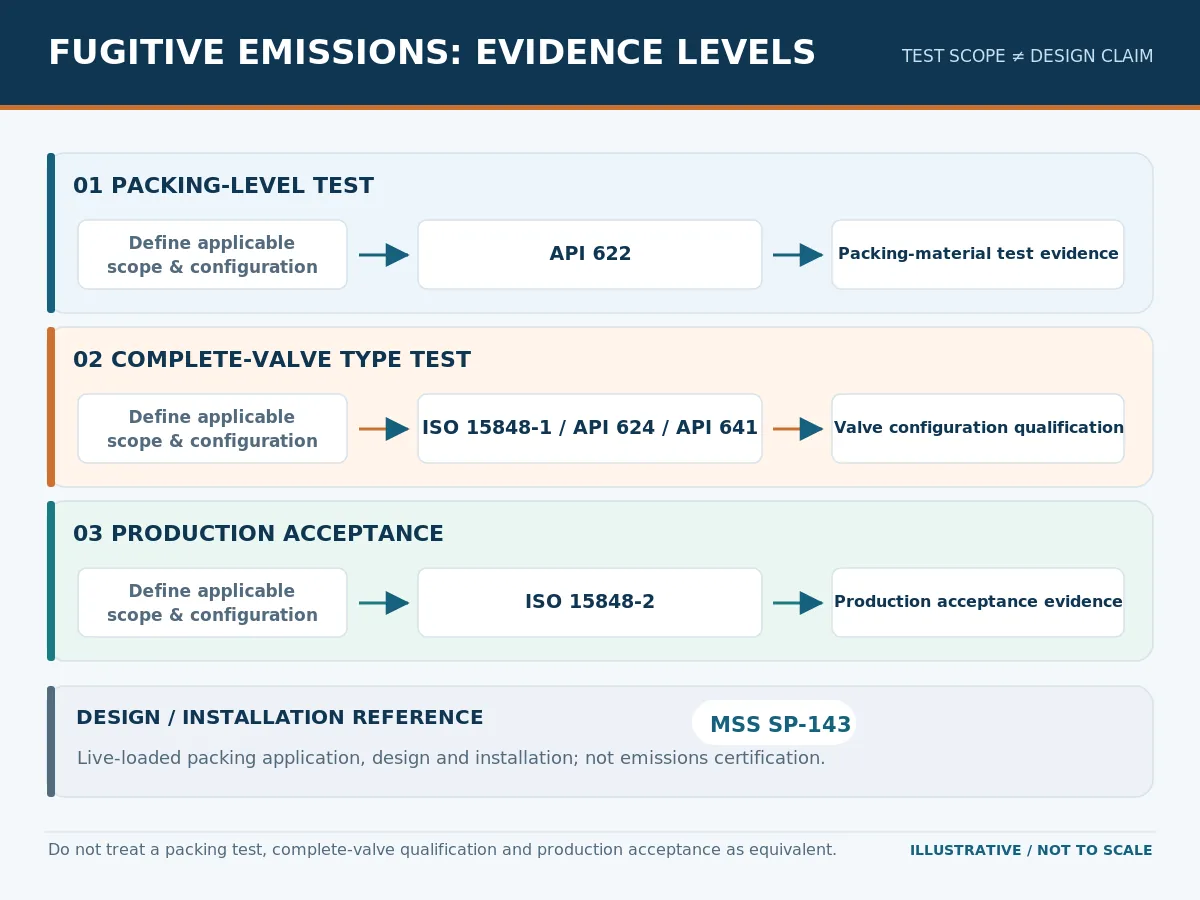 Flowchart distinguishing packing-level tests, complete-valve fugitive-emissions type tests and production acceptance.