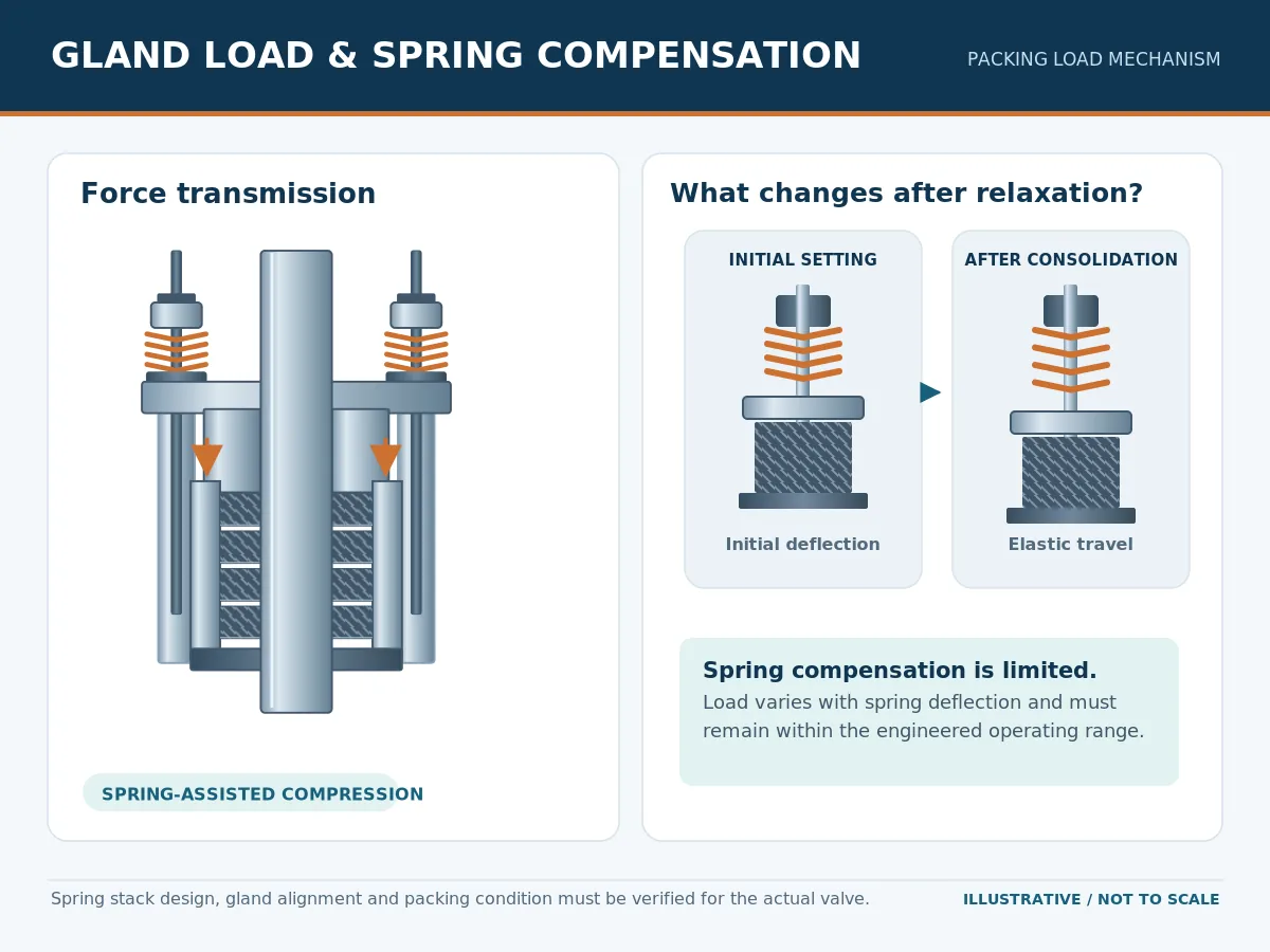 Diagram showing gland force transmission and limited Belleville spring travel in live-loaded valve stem packing.