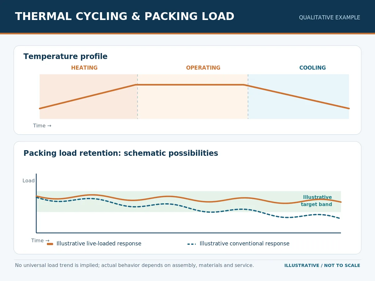 Qualitative diagram showing packing gland load variation over heating and cooling cycles.