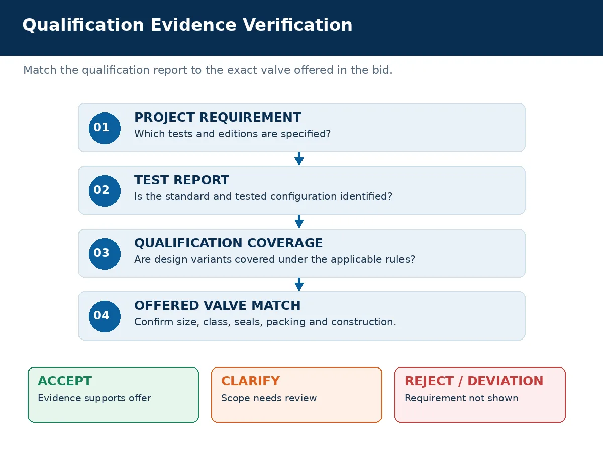 Valve qualification evidence review flowchart from specified standard to offered valve configuration Valve qualification evidence review flowchart from specified standard to offered valve configuration