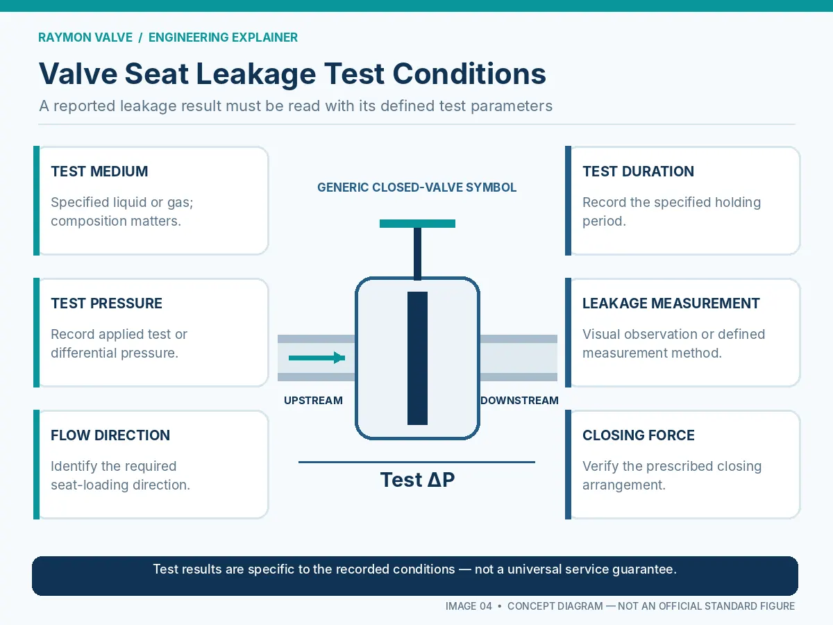 Valve seat leakage test schematic showing test pressure, medium, flow direction, duration, measurement and closing force.